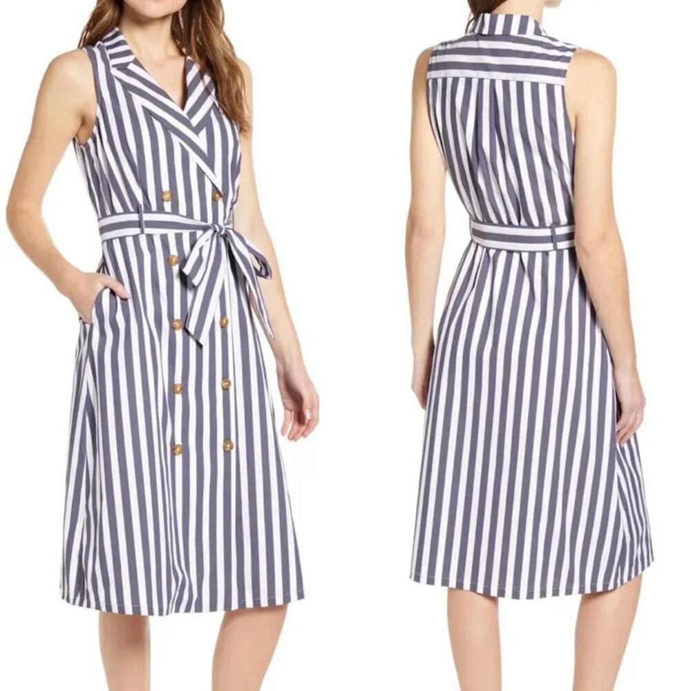 Court & Rowe Striped Shirt Dress US 8 Button Front Blue White Preppy Nautical
